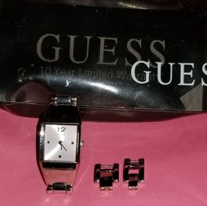 EUC  Silver Link Guess Watch w/Pink Pearl Face